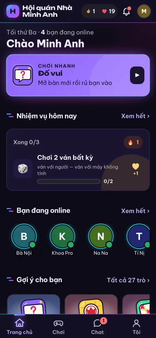 Trang chủ hội quán trên điện thoại, giao diện Neon đêm: Chơi nhanh, nhiệm vụ hôm nay, bạn đang online