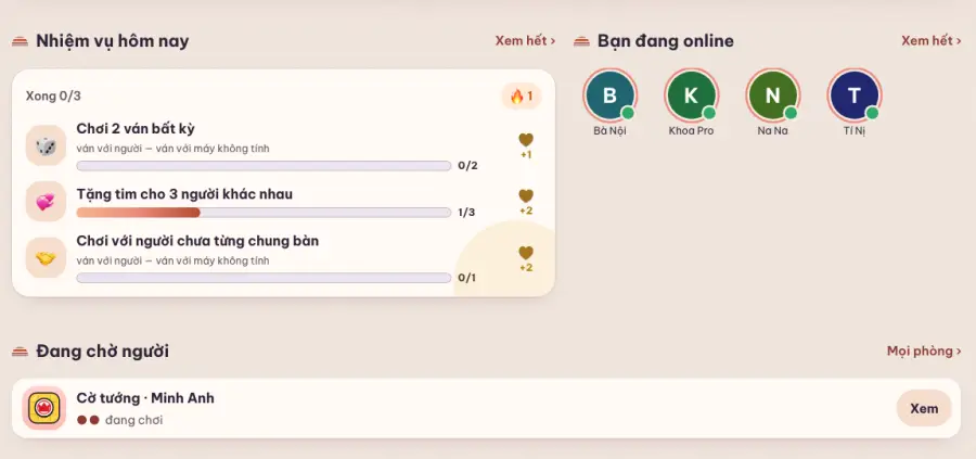 Trang chủ trên máy tính: nhiệm vụ hôm nay và bạn đang online